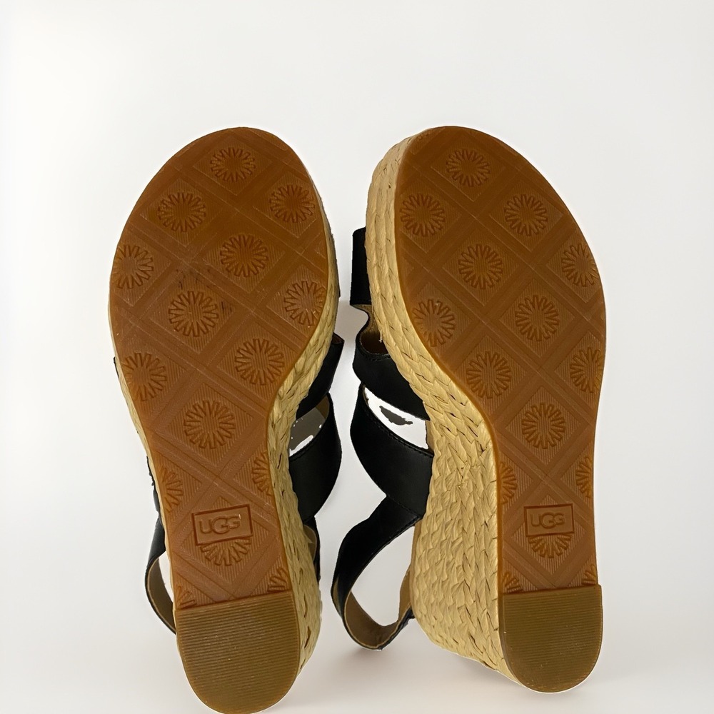 UGG Careena Black Leather Wedge Espadrille Sandals - Size 8.5 - Picture 8 of 8
